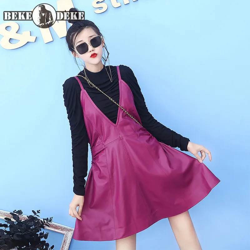 

Women Genuine Leather Dress Fashion Loose Fit Sleeveless Tank Straps Dress Female Sexy V-Neck Hollow Out A-Line Short Dresses