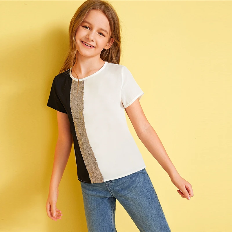 SHEIN Kiddie/Милая однотонная блузка с воротником-стойкой и оборкой для девочек детская одежда г., летний рукав-волан, топы с оборками на пуговицах сзади