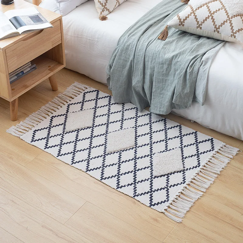 

Cream Bohemian Rag Rug Washable Decorative Porch Doormat Hand Woven Tassel Rug Tribal Pattern Carpet, 2’×3’