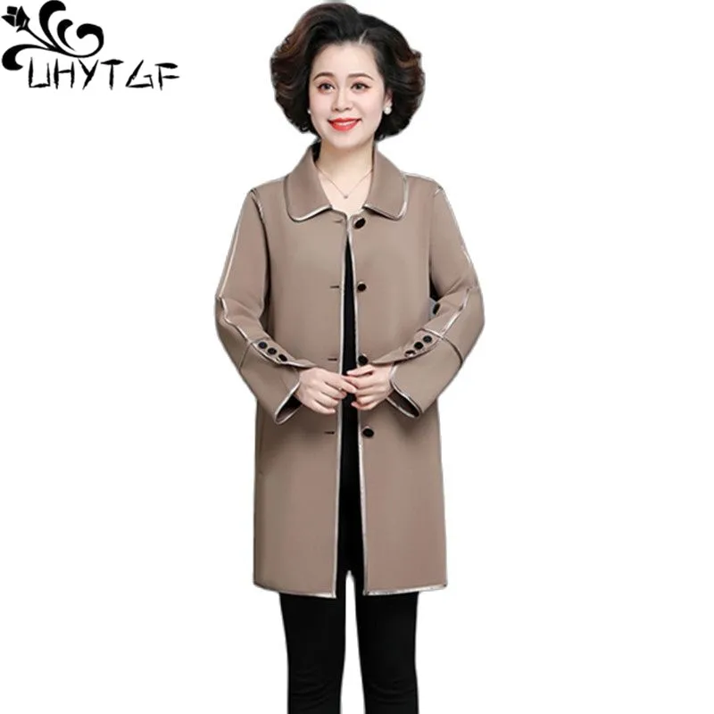 

Ветровка UHYTGF для женщин среднего возраста, весна-осень, женские пальто, новинка 2022, модная однобортная Повседневная Свободная куртка 5XL, размер 1735