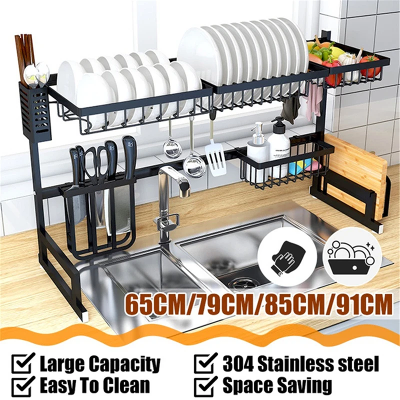

304 Slots Stainless 91CM/79CM/85CM/65CM Anti-rust Multifunctional Upper Sink Counter Drain Rack Kitchen Shelf Dish Drying Rack