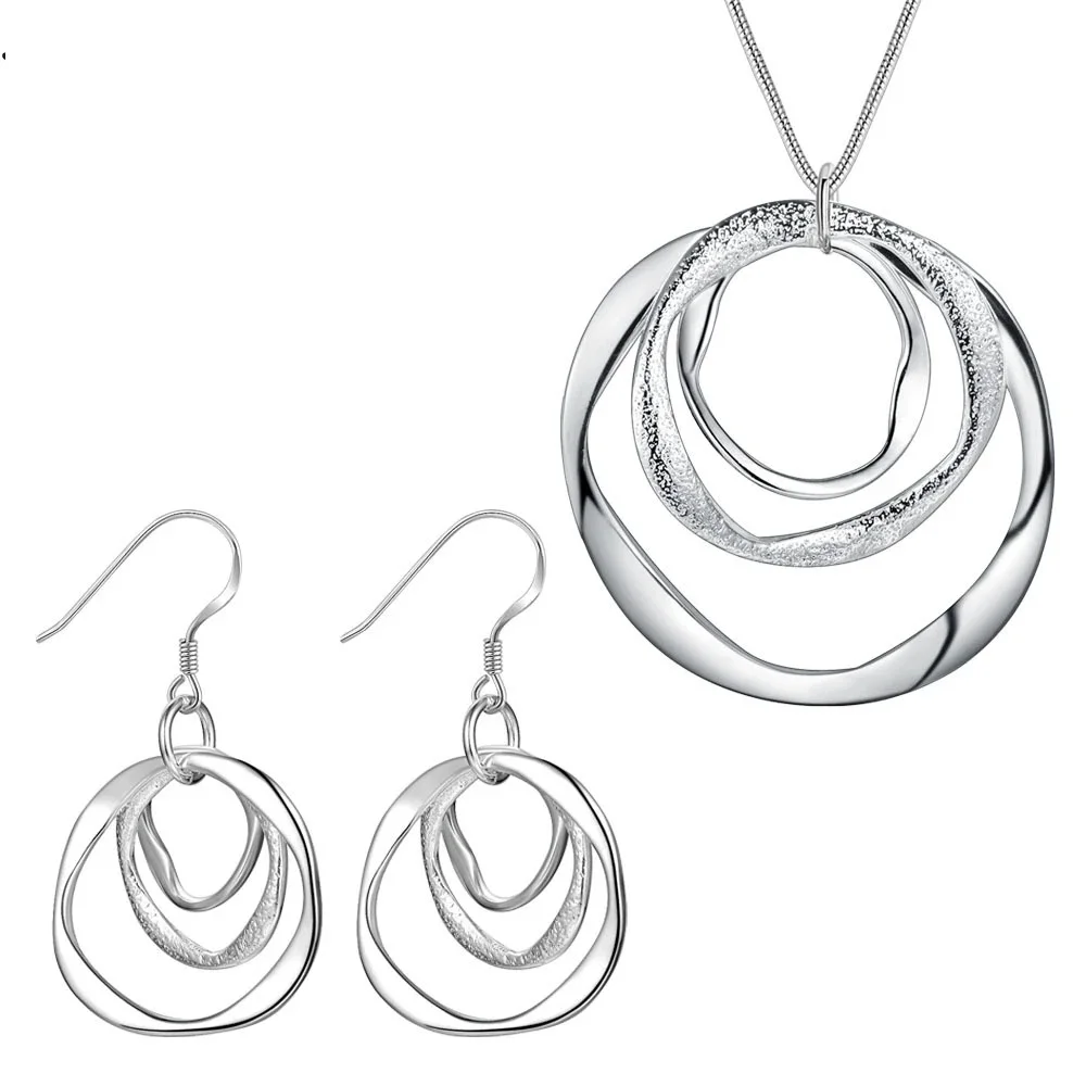 

Wholesale 925 Sterling Silver Jewelry Set Fashion Charm Circel Necklace Earring Set For Women Lady Wedding Party