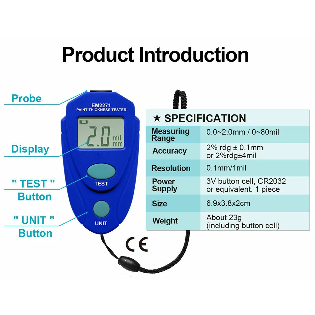 

EM2271 Digital Mini Automobile Coating Thickness Gauge Car Paint Film Zinc Plating Thickness Tester