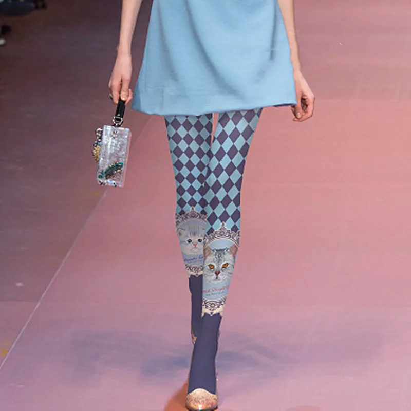 Женские колготки с принтом RUIN высококачественные в клетку рисунком кошки Модные