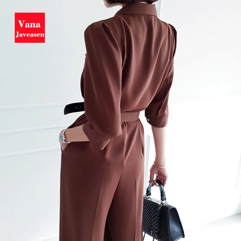 Женский офисный комбинезон с пятью точками коричневый Облегающий широкими