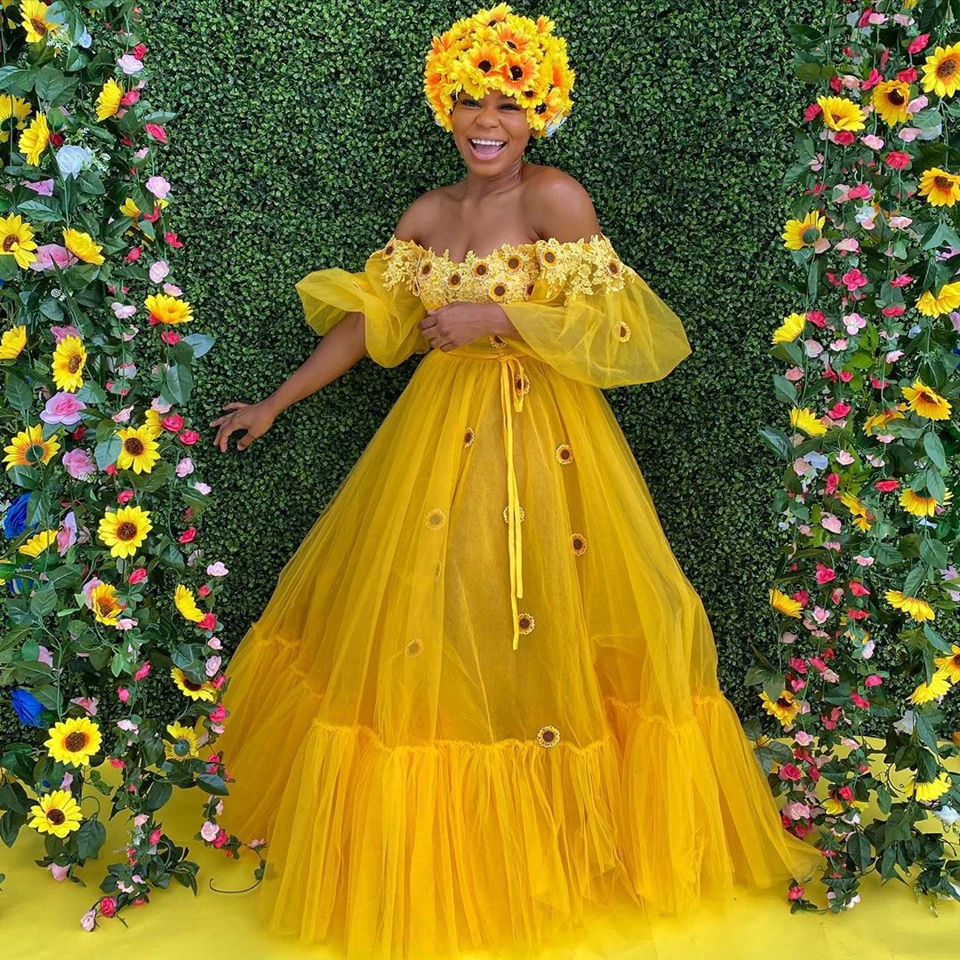 

Женское длинное фатиновое платье, желтое кружевное платье с 3D аппликацией ромашки, открытыми плечами и пышными рукавами, платье для дня рож...