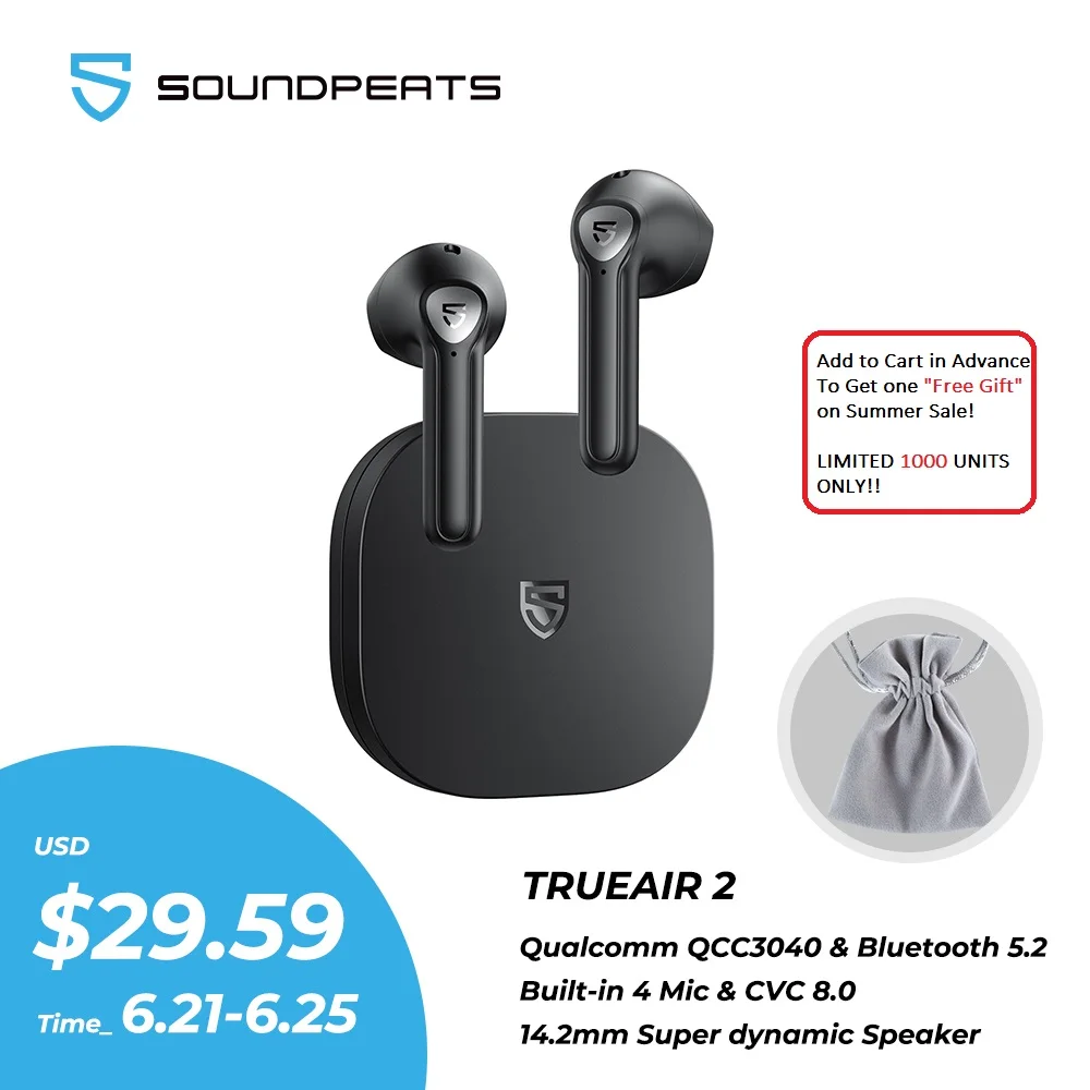  SOUNDPEATS TrueAir2 Wireless Earbuds Bluetooth V5.2 Headset QCC3040 aptX 4 Mic CVC Noise Cancellation TWS+ Wireless Earphones 