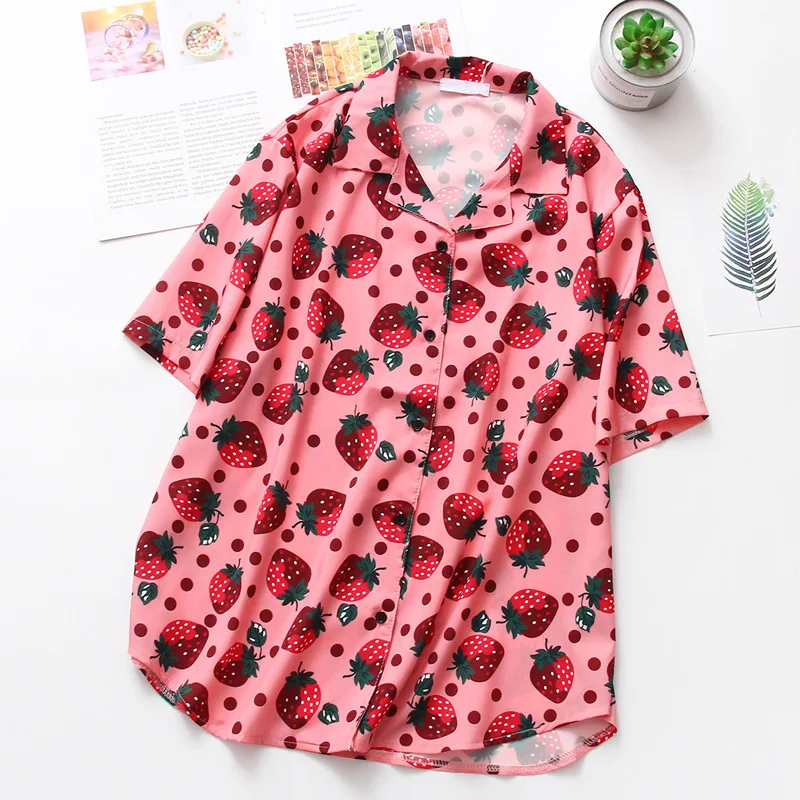 

Women Strawberry Print Turn-down Collar Holiday Casual Short Sleeve Loose Shirt BMF88