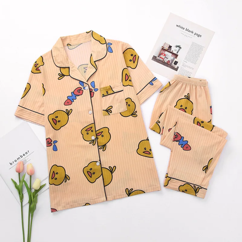 

2 pcs Pajama Set Printed Milk Silk Sleepwear Turn-down CollarShort Full Length Leisure Home Clothes Pijamas Women Summer 2020