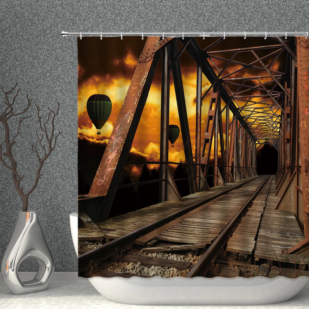

Train Pattern Shower Curtains Railway Track Forest Space Modern Minimalist Home Bathroom Waterproof Decorative Screen With Hooks