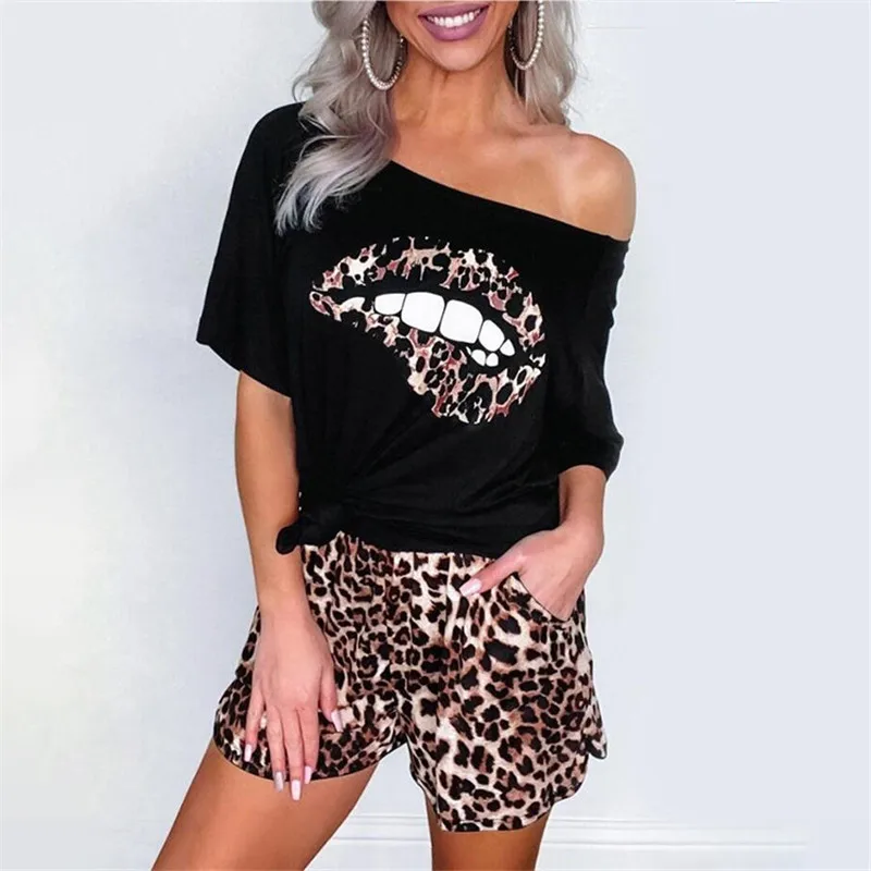 

Two Piece Set Women Tracksuit Summer T Shirt And Shorts Sexy Lips Leopard Print Off Shoulder Shirts Casual Conjuntos De Mujer
