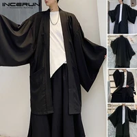 incerun men black cardigan shirt casual open stitch outwear man trench long sleeve long coats fashion japanese style yukata tops