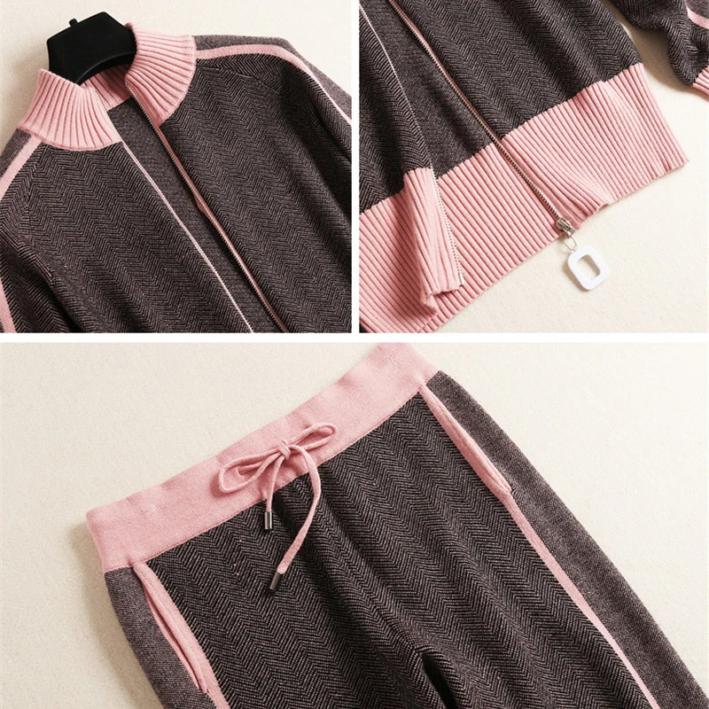 

Europe Fashion Female Tracksuit Set Women 2019 Fall Winter Designers Color Block Zipper Knit Jacket and Pants Suit 2Piece Sets