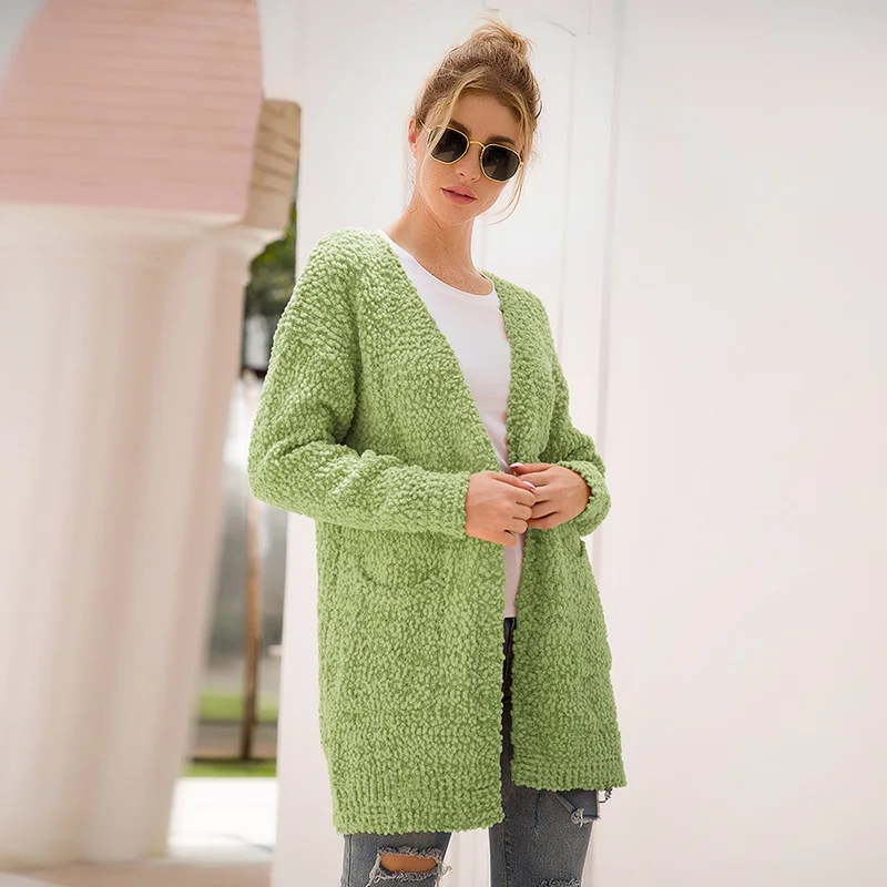 Fitshinling 7 цветов зимний длинный женский кардиган Boho Карманы Женская трикотажная куртка свитера длинный рукав тонкий кардиган для женщин
