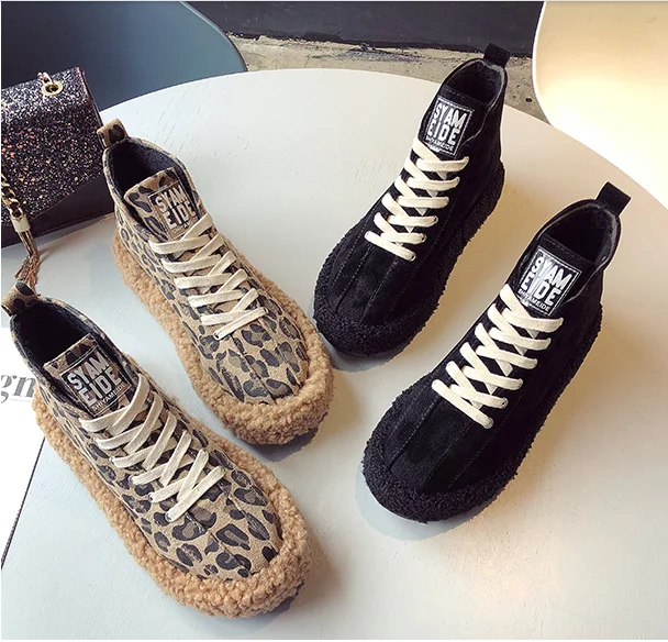 

Leopard print plush shoes women's winter wear fashion thick-soled high-top shoes 2021 new plus velvet warm cotton shoes boots