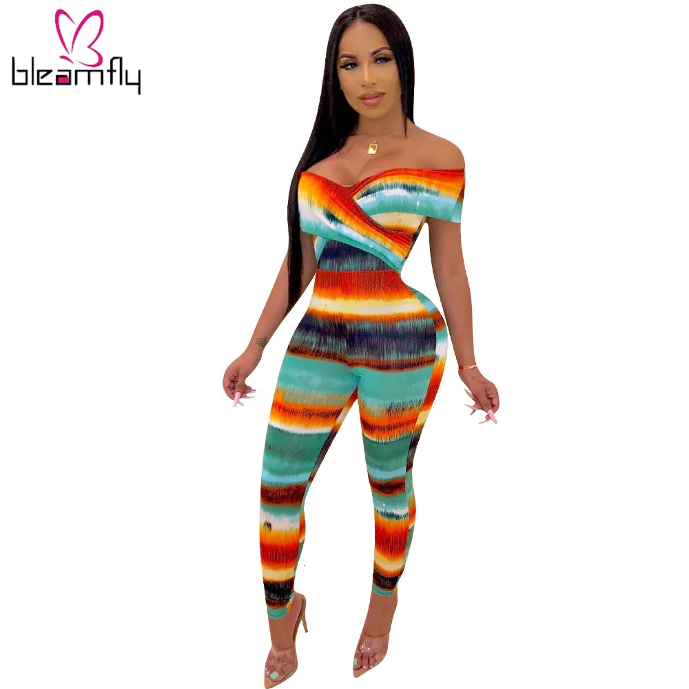 2019 женский комбинезон в радужную полоску с принтом вырезом лодочкой открытыми