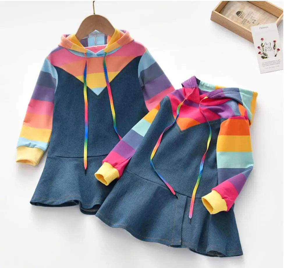 

Girl Long Sleeve Autumn Rainbow Stripe Hoodie Kid Children Party Suits Denim Hoodie Kids Dress denim dresses