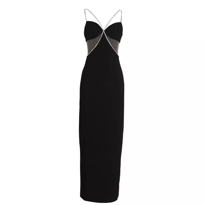 

Evening Party Sexy Long Dress Ladies Slim Hollow Out V-Neck Crystal Straps Dress Women Splice Sleeveless Black Pencil Dresses