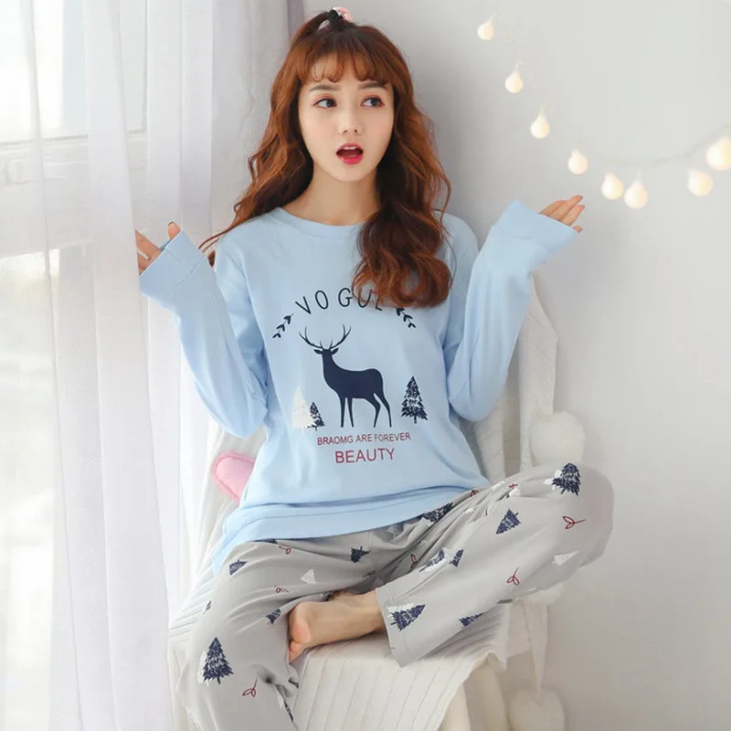 

100% Cotton Long Sleeve Pajamas Sets for Women 2019 Autumn Winter Sleepwear Cute Girls Pyjama Homewear Pijama Mujer Home Clothes