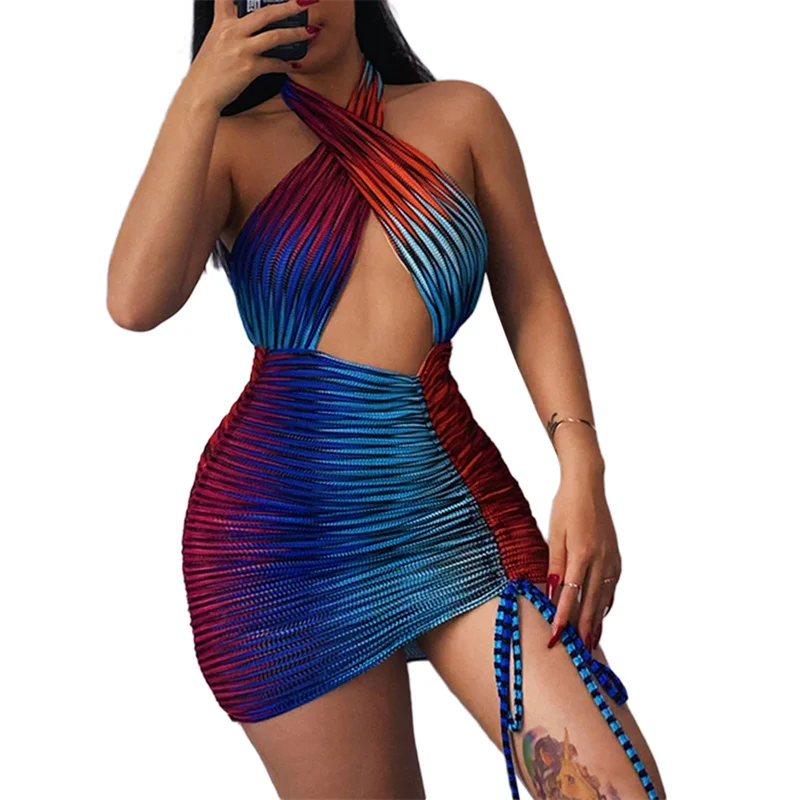 

Women Sexy Hollow Out Drawstring Dress Blue Halter Neck Sleeveless Short Bodycon Slim Mini Dress for Summer S/ M/ L