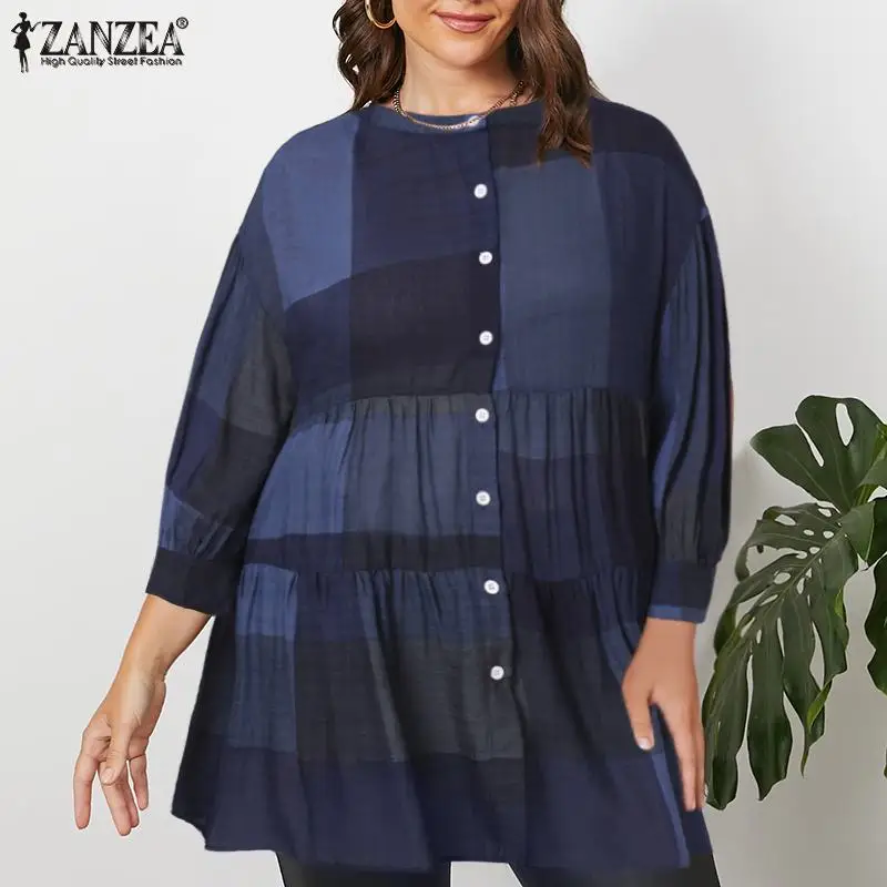 

Plus Size ZANZEA Women Ruffle Blouses Shirt 2022 Fashion Blusa Female Plaid Check Puff Sleeve Tops Casual Cotton Summer Tunic