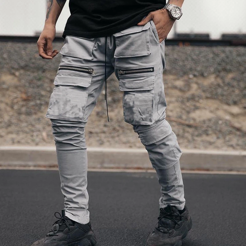

Men'S Fashion Fitness Sweatpants Outdoor Gym Running Training Slacks Multi Zipper Pocket Hip Hop Jogging Cargo Pants 3 color