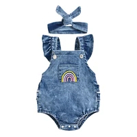 2pcs rainbow embroidered cotton toddler infant girls ruffled romper baby denim jumpsuit with headband