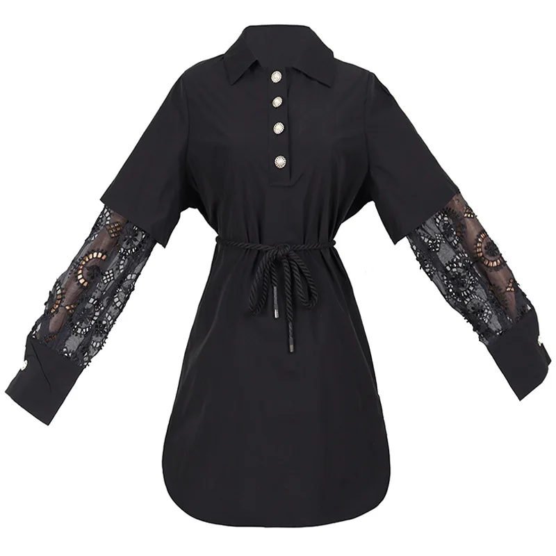 

Bazhenova 2020 Women Autumn Patchwork Lace Long Sleeve Dresses Girls Hollow Out Solid Color Dress Ladies Gentle Sweet Dress R773