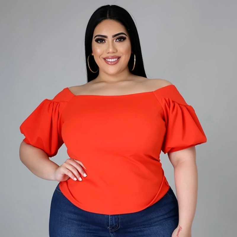 

Off Shoulder Blouse Short Lantern Sleeve Women Sexy Pullover Slim Fit Casual Office Lady Summer Fashion Shirt Tops Plus Size 4XL