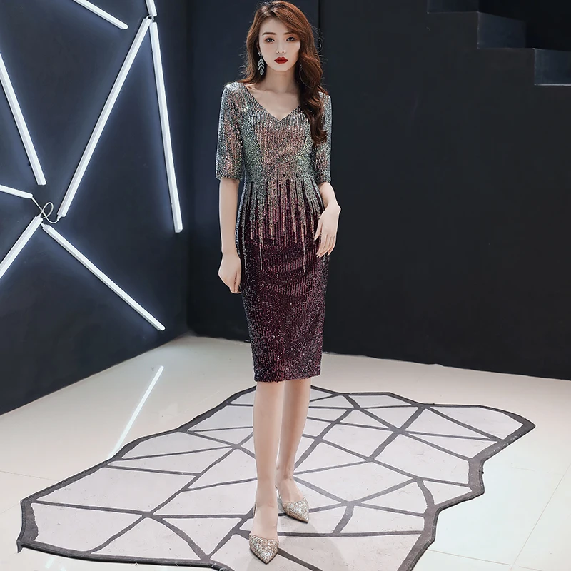 

AE653 Womens Ladies Shiny Sequins V-Neck Half Sleeves Sexy Cocktail Dress Fashion Elegant Evening Gowns