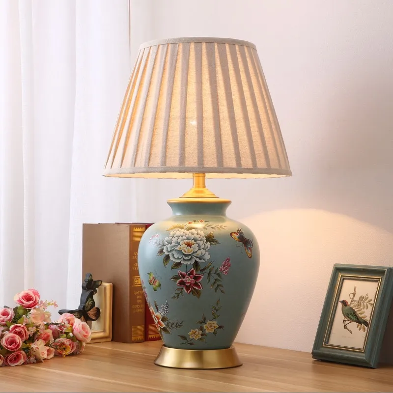 

American blue flowers ceramic Table Lamps Classic rustic touch switch fabric E27 LED copper lamp for bedside&foyer&studio MF006