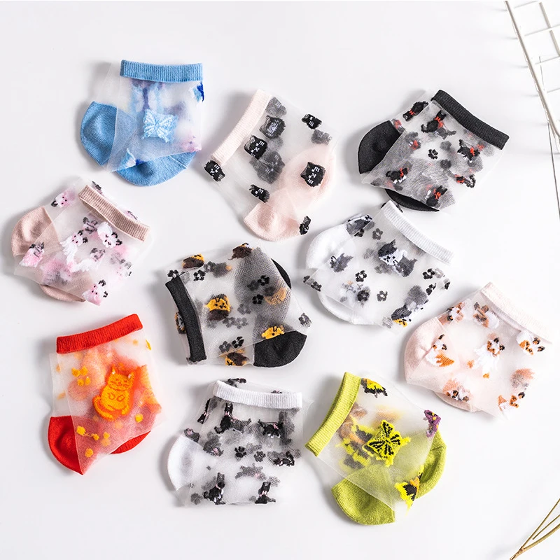

New Women Sexy Lace Soft Medium Socks Female Summer Thin Section Transparent Crystal Silk Socks Elastic Ankle Cute Socks 1 pair