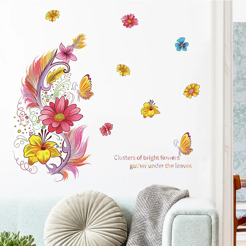 

Cartoon color feather flower bedroom wall beautify decorative wall stickers