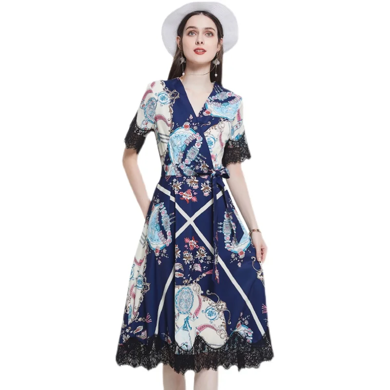 

Женское летнее винтажное платье с цветочным принтом и v-образным вырезом, свободное кружевное платье с коротким рукавом, модное повседневно...