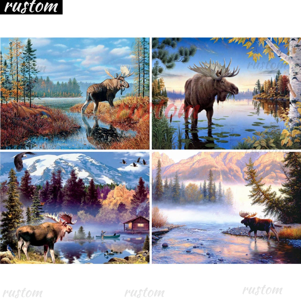 

Full Square/round Drill Cross Stitch Kits Rustom 5D Diamond Embroidery Forest Deer Diamond Painting Landscape Rhinestones Mosaic