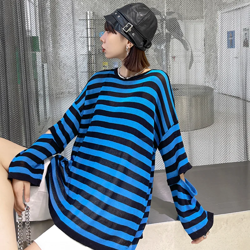 

Women Blue Striped Oversized Hollow Out Thin T-shirt New Round Neck Long Sleeve Fashion Tide Spring Summer 2021 E898
