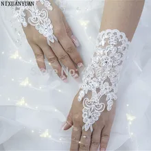 Elegant Kralen Kant Satijn Korte Bruids Handschoenen 2021 Vingerloze Bruiloft Handschoenen Wit Ivoor Bruiloft Accessoires Veu De Noiva