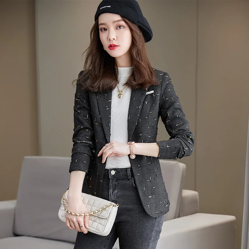 Boliyae Autumn and Winter New Plaid Long Sleeve Blazer Women Fashion Black Slim Jackets Female Casual Office Tops Coat Clothing