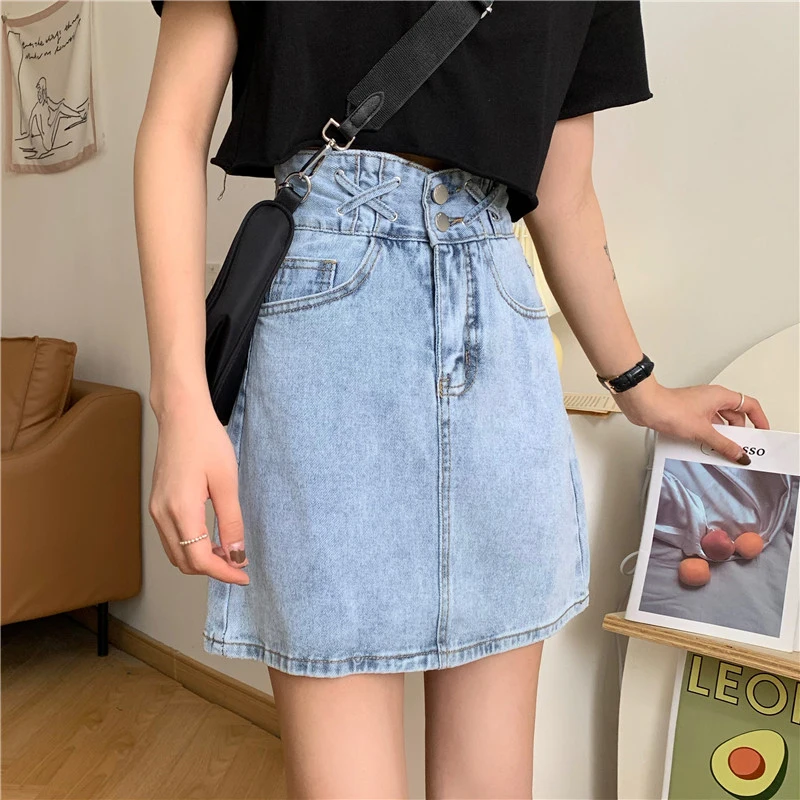 

Denim Skirts Fashion Summer Women Denim Mini Skirt High Waist A-Line Female Short Skirts Harajuku Package Hip Ladies Mini Skirt
