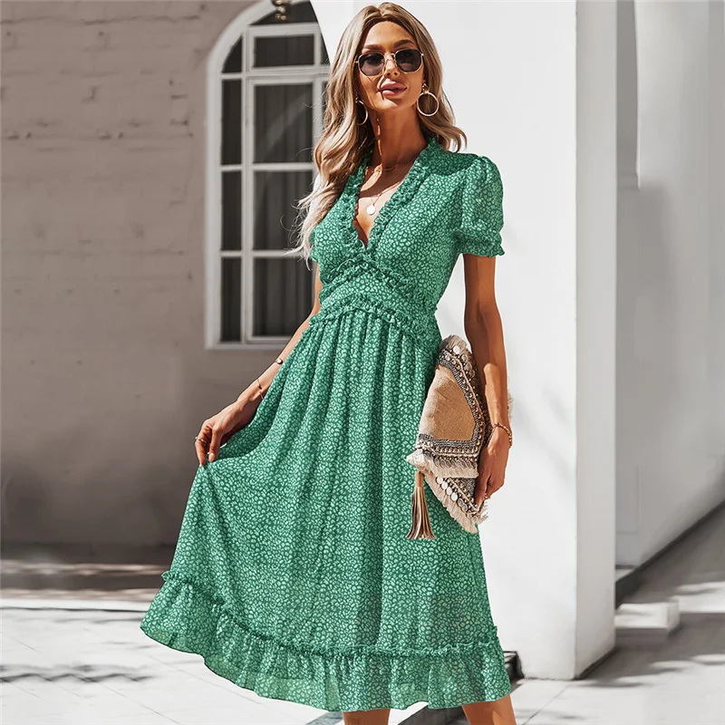 

Summer 2021 Print Women Dress Casual Fashion V-neck Ruffles Puff Sleeve Empire Slim Dress