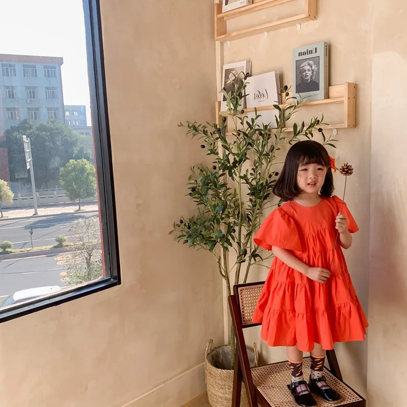 

Vintage Dress Age For 2 - 8 Years Baby Girls Chiffon Short Sleeve Dress 2021 New Summer Beach Style Orange Loose Kids Frocks