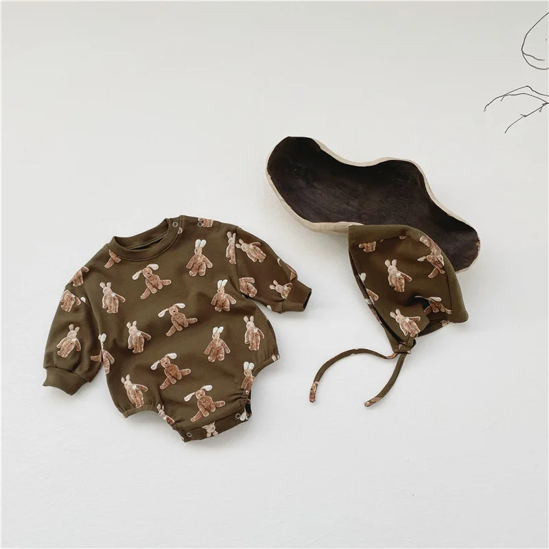 

7171 Spring Clothes Baby Cartoon Rabbit Romper Long Sleeve Baby Boys Clothes Cotton Newborn Girl One piece Clothes With Hat