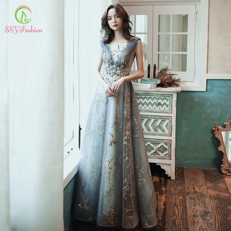 

SSYFashion New Banquet Elegant Evening Dress Scoop Sleeveless Sequins Appliques Beading Long Formal Prom Gown Vestidos De Fiesta