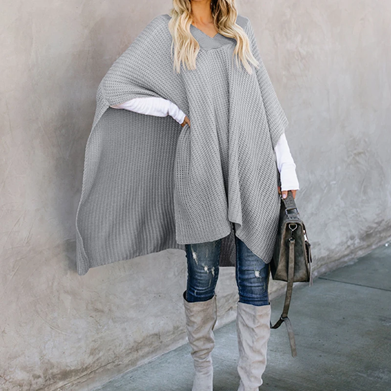 Women's Autumn Winter Sweater Split Batwing Sleeve Long Coat Female Casual Loose Knitted Pullover Solid Pink Cloak Jumper | Женская