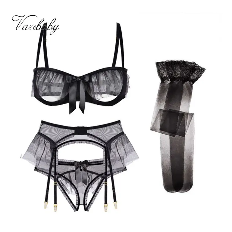 Комплект нижнего белья 4 шт. бюстгальтеры + трусики подвязки чулки прозрачная