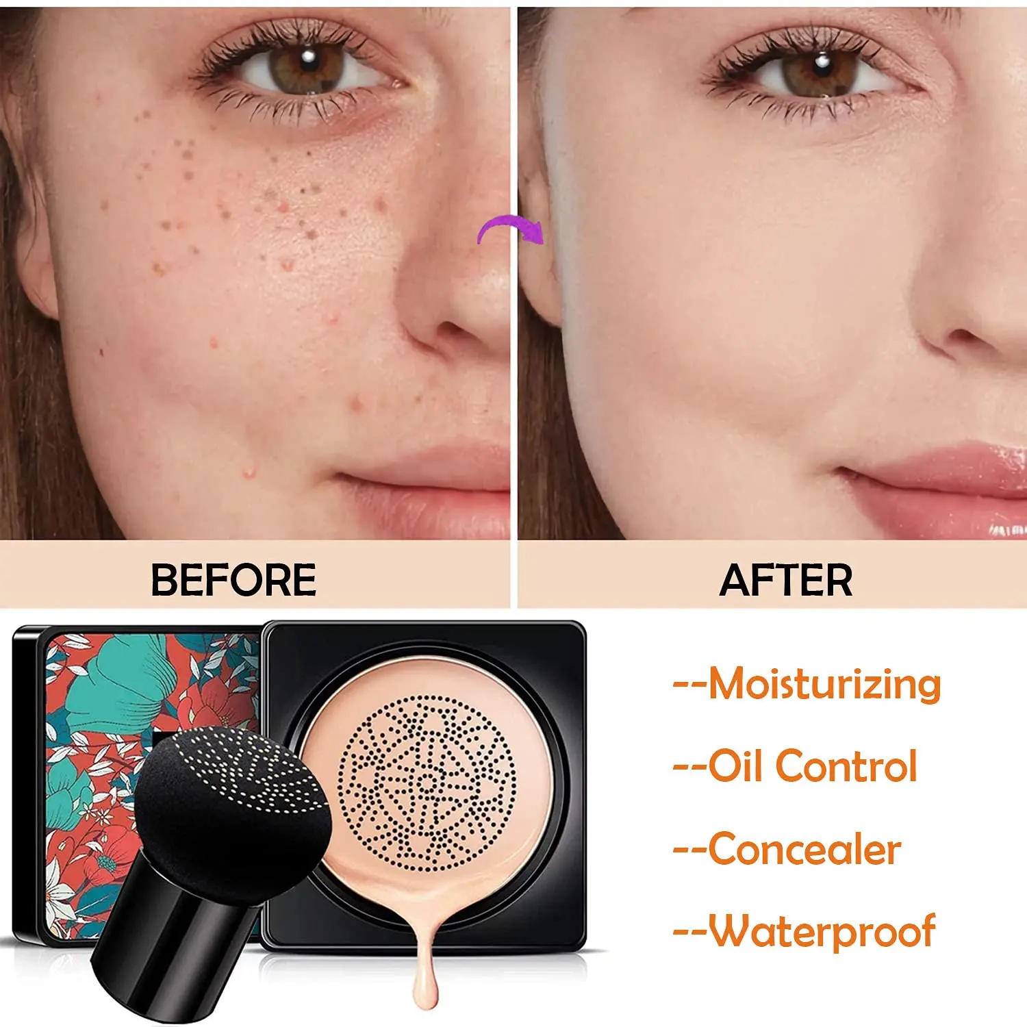 

BB Cream Face Foundation Makeup Air Cushion Mushroom Head Puff CC Cream Concealer Long Lasting Skin Whitening Cream for Women