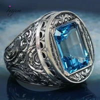 vintage style carved hollow blue crystal ring luxury silver gemstone jewelry for men women birthday anniversary gift wholesale