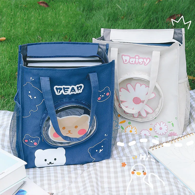 Big Transparent Cartoon Stationery Storage Bag kawaii Cute Large Capacity Carry Handbag School Buggy Bag File Bag Tutorial Bag