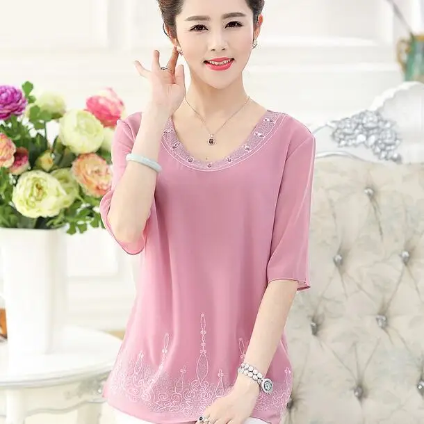 Летняя женская шифоновая футболка с коротким рукавом среднего возраста большие