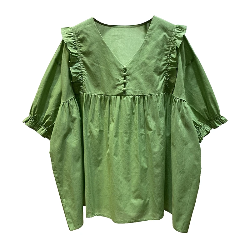 

Western Style Ruffle Sleeve Lace V-neck Loose A- line Age-Reducing Doll Shirt Women's Korean-Style Slimming Middle Sleeve Tops